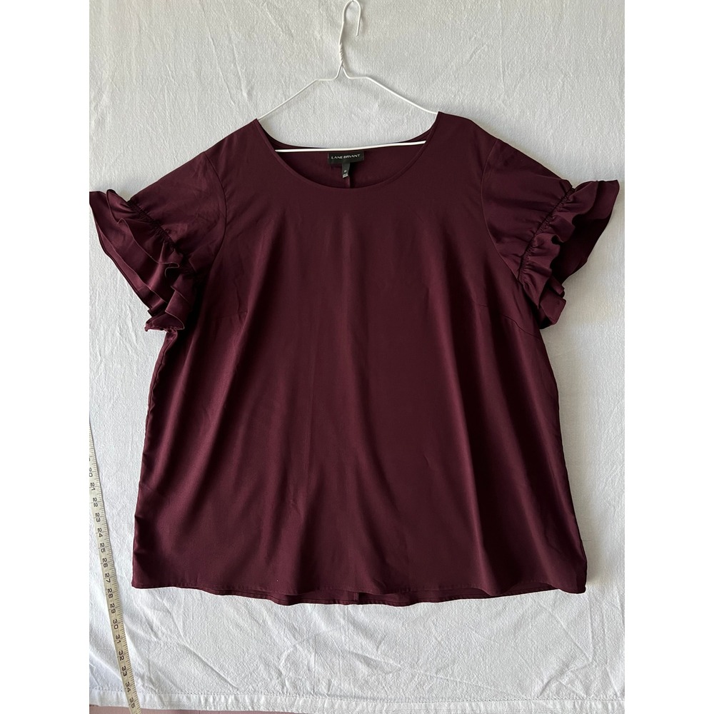 Lane Bryant Burgundy Ruffle Short Sleeve Blouse Size 22 Maroon